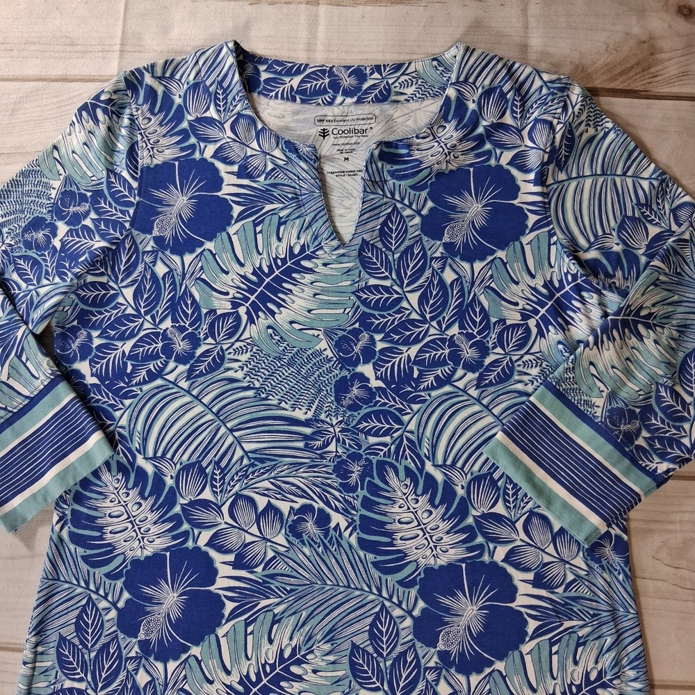 Coolibar Oceanside Tunic Dress Womens M Blue Tropical Floral UPF 50+ Sun Coverup